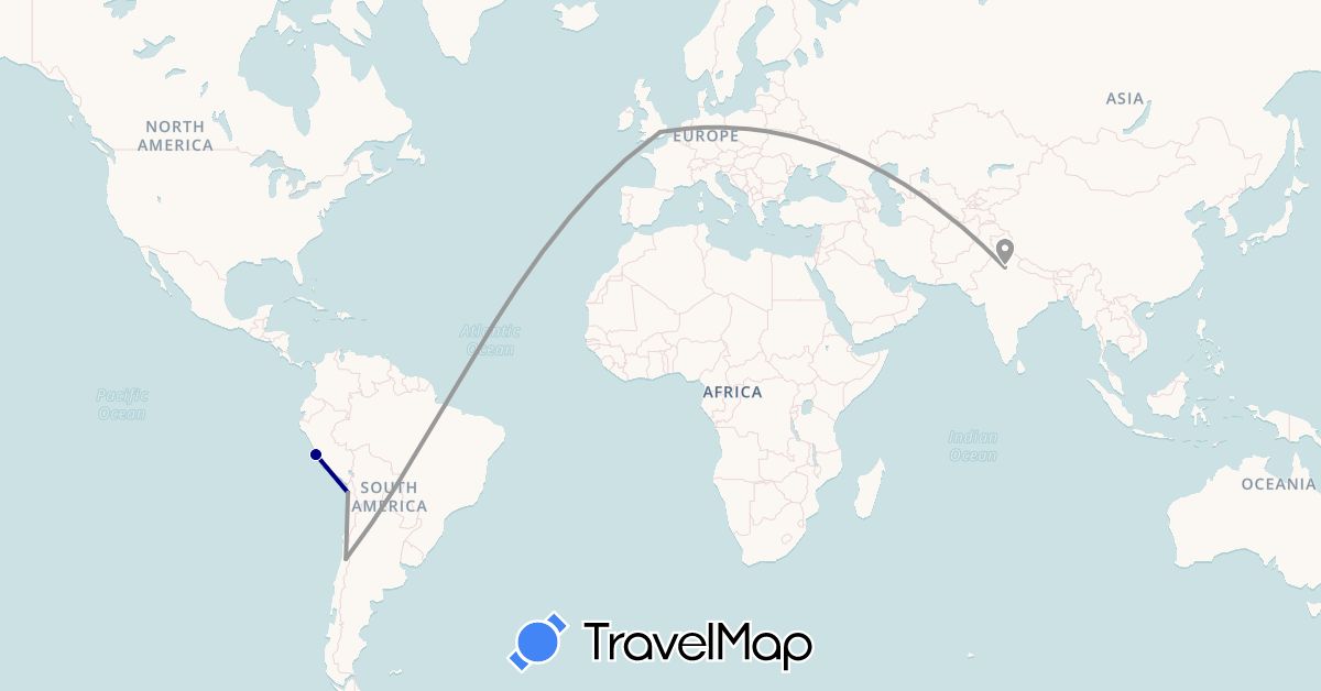 TravelMap itinerary: driving, plane, boat in Chile, United Kingdom, India, Peru (Asia, Europe, South America)